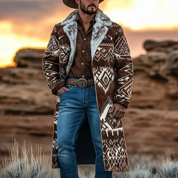 Western Cowboy Retro Aztec Print Ethnic Plush Warm Men's Coat Jacket - Trisunshine.com 