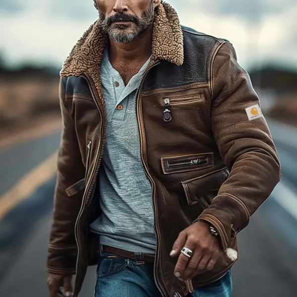 Men's Vintage Leather And Lambswool Western Warm Casual Leather Jacket - Yiyistories.com 