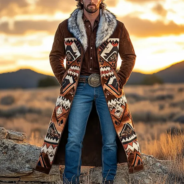 Western Cowboy Retro Aztec Print Ethnic Plush Warm Men's Coat Jacket - Yiyistories.com 