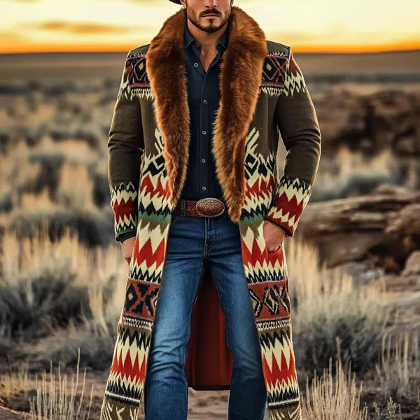 Western Cowboy Retro Aztec Print Ethnic Plush Warm Men's Coat Jacket - Anurvogel.com 