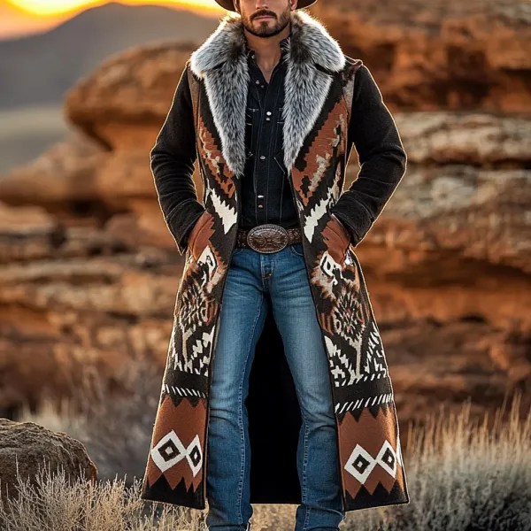 Western Cowboy Retro Aztec Print Ethnic Plush Warm Men's Coat Jacket - Dozenlive.com 