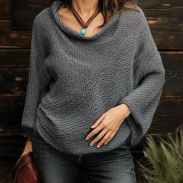 Women's Knitted Solid Color Crew Neck Sweater - Yiyistories.com 