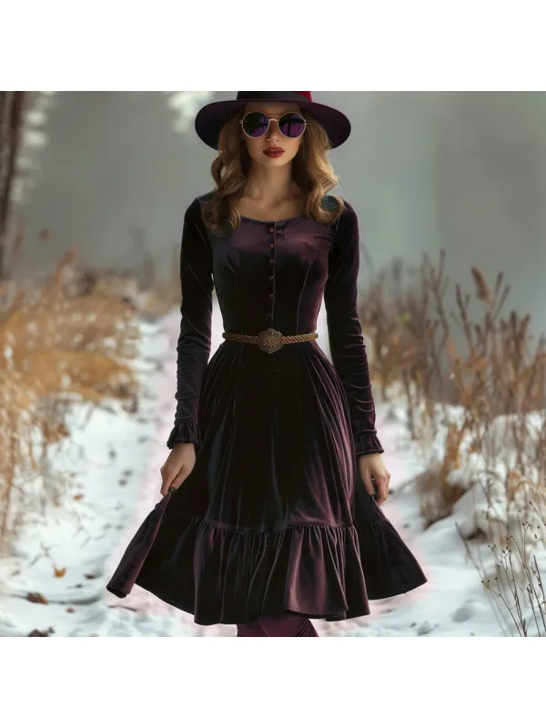 Ladies Autumn Winter Velvet Elegant Long Sleeve Dress - Ootdmw.com 