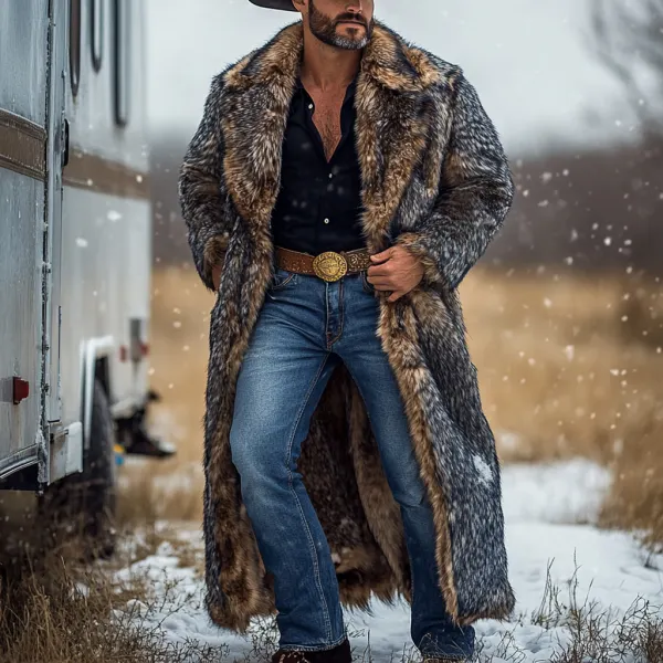 Western Cowboy Winter Warm Vintage Faux Fur Coat Jacket - Yiyistories.com 