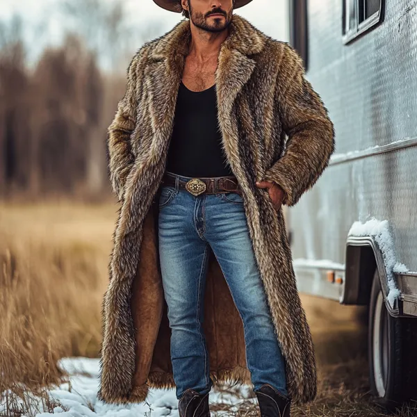 Western Cowboy Winter Warm Vintage Faux Fur Coat Jacket - Yiyistories.com 