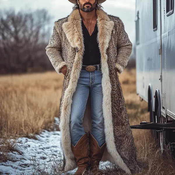 Western Cowboy Winter Warm Vintage Faux Fur Coat Jacket - Yiyistories.com 