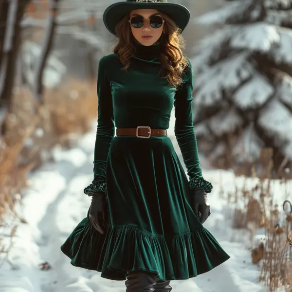 Ladies Autumn Winter Velvet Elegant Long Sleeve Dress - Ootdyouth.com 