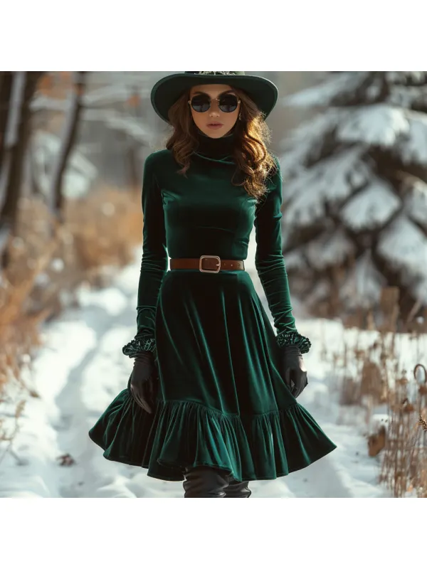 Ladies Autumn Winter Velvet Elegant Long Sleeve Dress - Anrider.com 