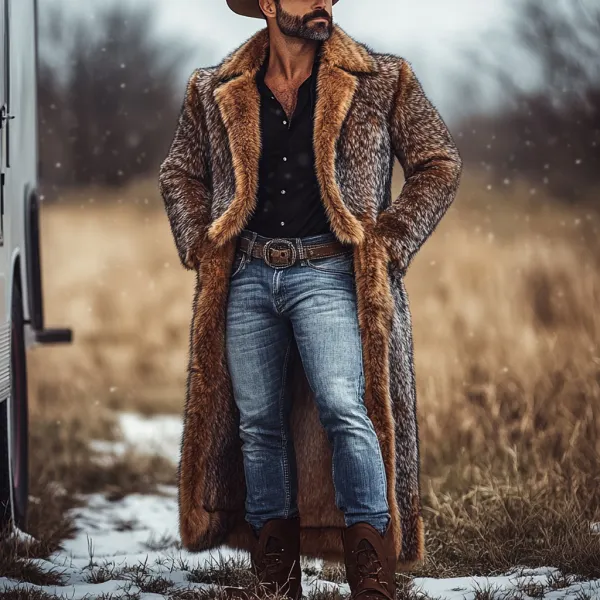 Western Cowboy Winter Warm Vintage Faux Fur Coat Jacket - Yiyistories.com 