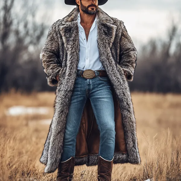 Western Cowboy Winter Warm Vintage Faux Fur Coat Jacket - Yiyistories.com 