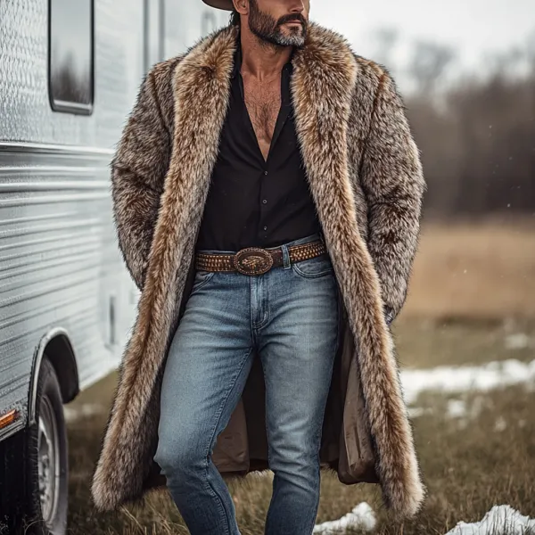 Western Cowboy Winter Warm Vintage Faux Fur Coat Jacket - Yiyistories.com 