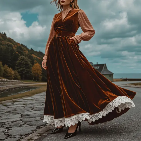 Women's Elegant Velvet Patchwork Lace Hem Long Dresses - Yiyistories.com 