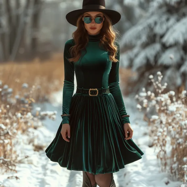 Ladies Autumn Winter Velvet Elegant Long Sleeve Dress - Ootdyouth.com 