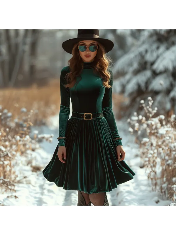 Ladies Autumn Winter Velvet Elegant Long Sleeve Dress - Ootdmw.com 