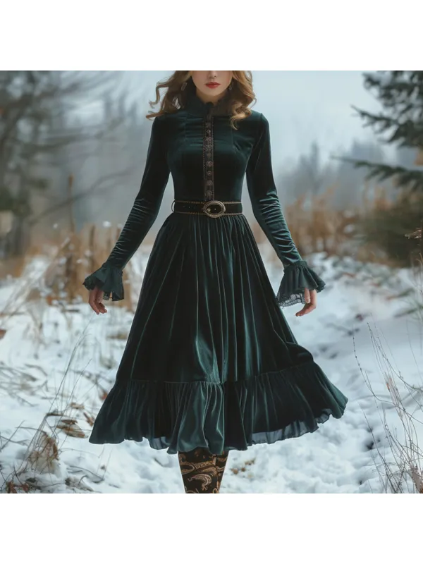 Ladies Autumn Winter Velvet Elegant Long Sleeve Dress - Ootdmw.com 