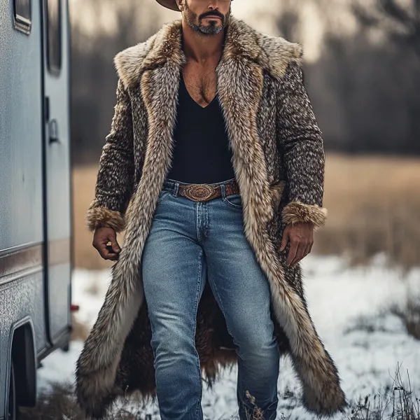 Western Cowboy Winter Warm Vintage Faux Fur Coat Jacket - Yiyistories.com 