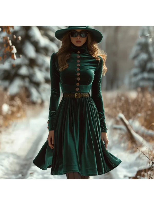 Ladies Autumn Winter Velvet Elegant Long Sleeve Dress - Ootdmw.com 