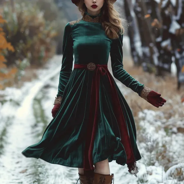 Ladies Autumn Winter Velvet Elegant Long Sleeve Dress - Ootdyouth.com 