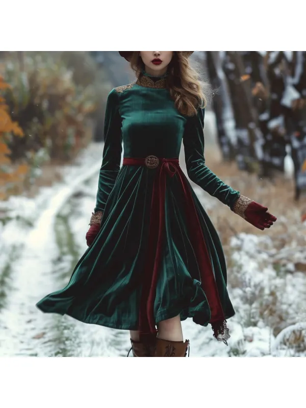 Ladies Autumn Winter Velvet Elegant Long Sleeve Dress - Timetomy.com 