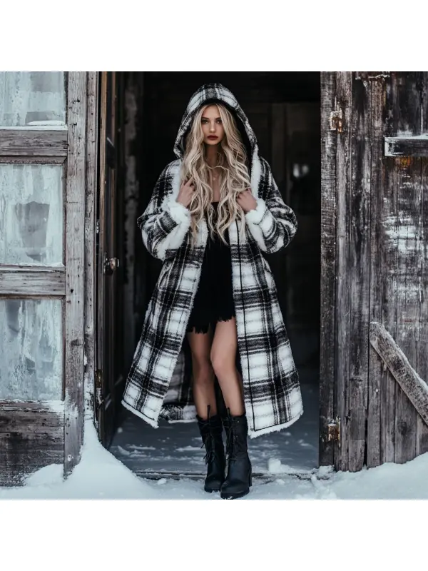 Women's Velvet Retro Plaid Autumn And Winter Hooded Fur Collar Warm Long Coat - Ootdmw.com 
