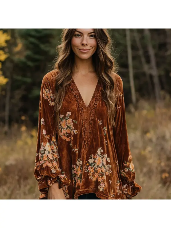 Women's Velvet Bohemian Vintage Print Autumn And Winter Top - Ootdmw.com 