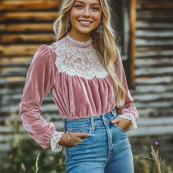 Women's Velvet Vintage Lace Autumn And Winter Top - Anurvogel.com 