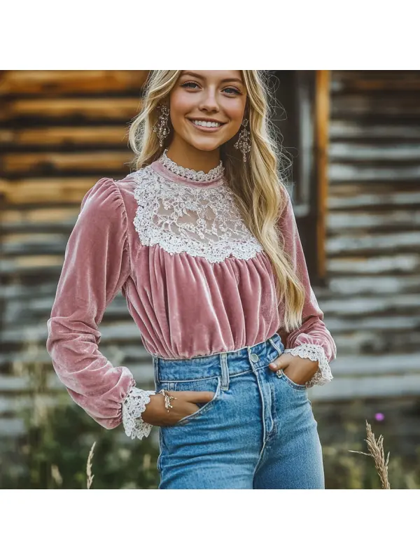 Women's Velvet Vintage Lace Autumn And Winter Top - Anrider.com 