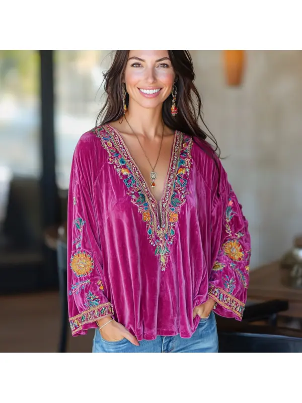 Women's Velvet Bohemian Vintage Print Autumn And Winter Top - Anrider.com 