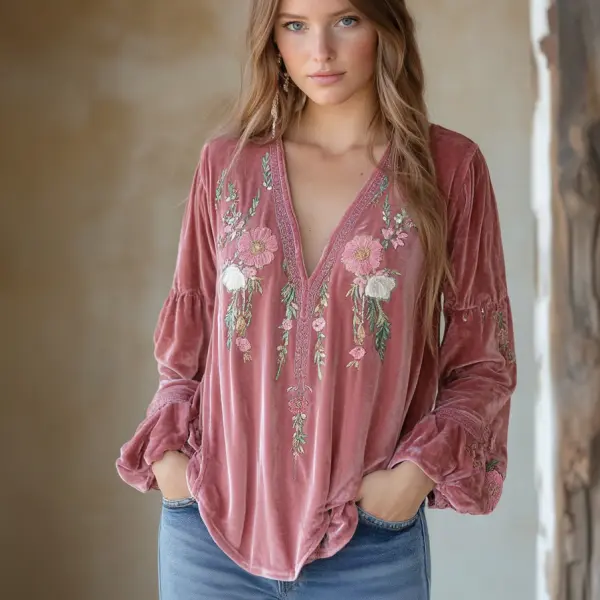 Women's Velvet Bohemian Vintage Print Autumn And Winter Top - Anurvogel.com 