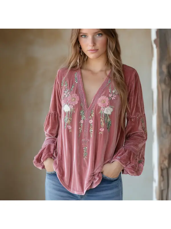 Women's Velvet Bohemian Vintage Print Autumn And Winter Top - Anrider.com 