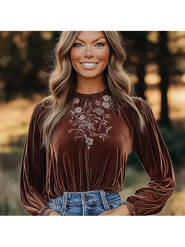 Women's Velvet Bohemian Vintage Print Autumn And Winter Top - Anrider.com 