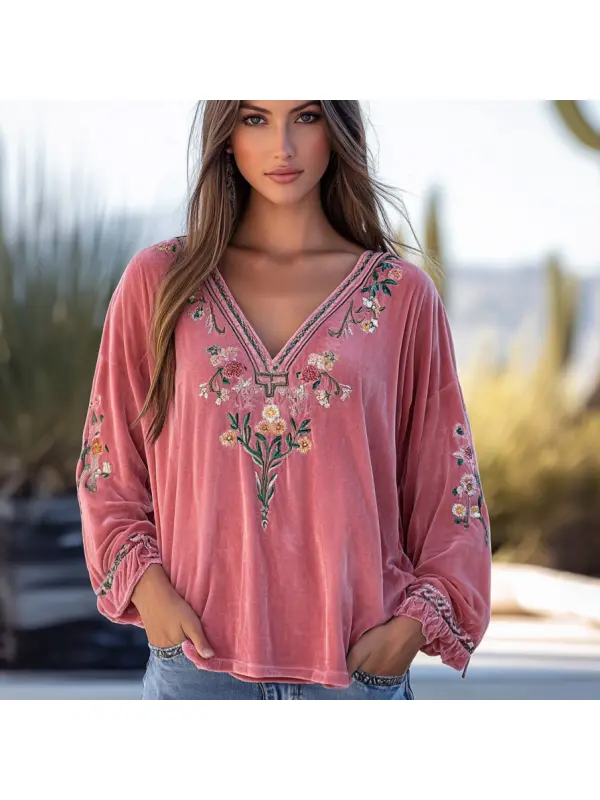 Women's Velvet Bohemian Vintage Print Autumn And Winter Top - Anrider.com 
