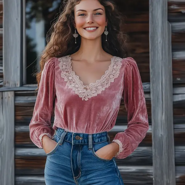 Women's Velvet Vintage Lace Autumn And Winter Top - Anurvogel.com 