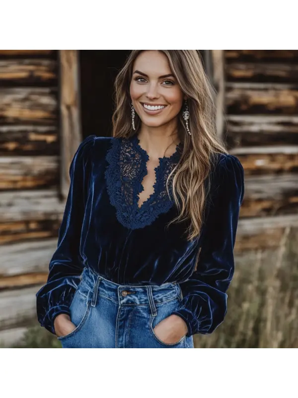 Women's Velvet Vintage Lace Autumn And Winter Top - Anrider.com 