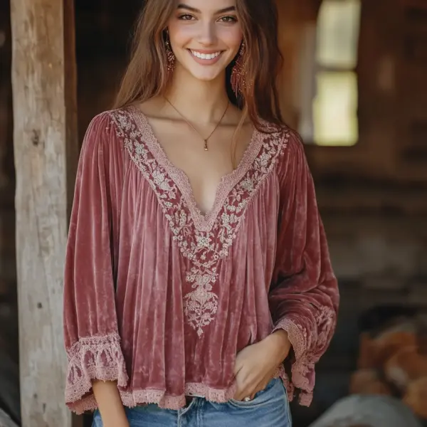 Women's Velvet Bohemian Vintage Print Autumn And Winter Top - Anurvogel.com 