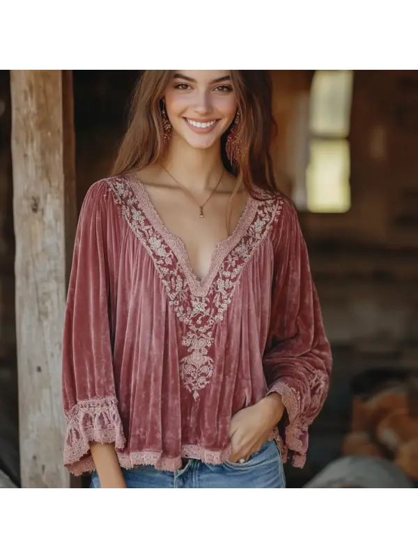 Women's Velvet Bohemian Vintage Print Autumn And Winter Top - Anrider.com 