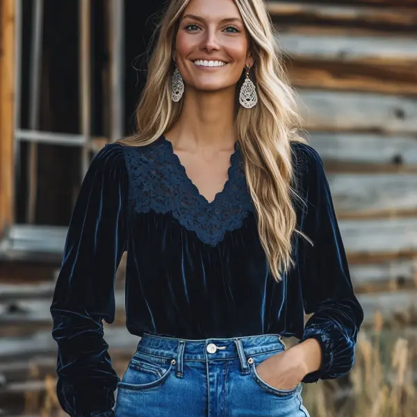 Women's Velvet Vintage Lace Autumn And Winter Top - Anurvogel.com 