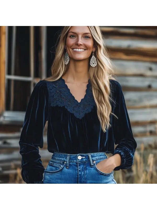 Women's Velvet Vintage Lace Autumn And Winter Top - Anrider.com 