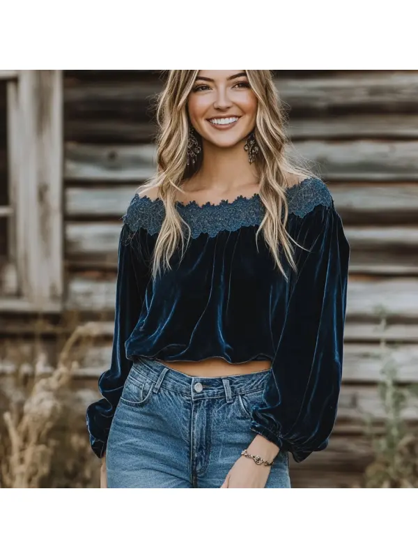 Women's Velvet Vintage Lace Autumn And Winter Top - Anrider.com 