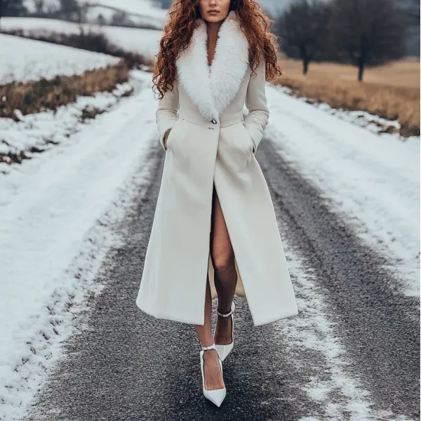 Women's Velvet Oversize Retro Casual Fur Collar Long Coat - Zivinfo.com 