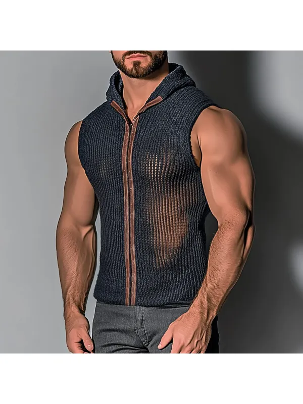 Men's Knitted Solid Color Zipper Sleeveless Hoodie - Localziv.com 