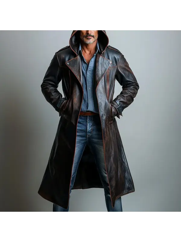 Men's Leather Outdoor Hooded Coat - Aptkoi.com 