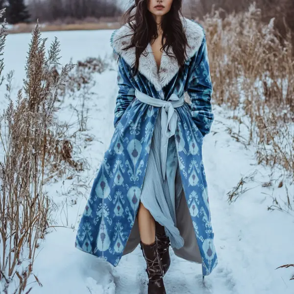 Women's Velvet Print Oversize Retro Casual Fur Collar Long Coat - Zivinfo.com 