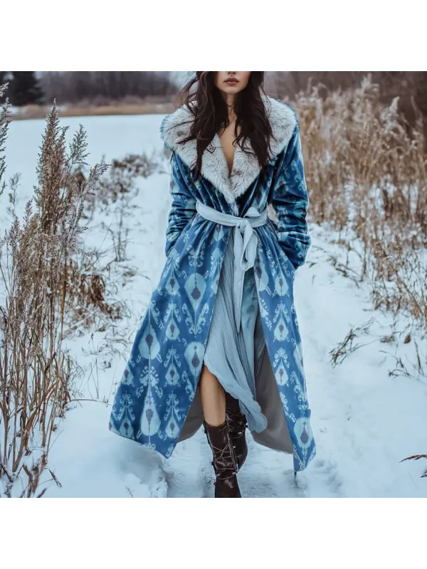 Women's Velvet Print Oversize Retro Casual Fur Collar Long Coat - Cominbuy.com 