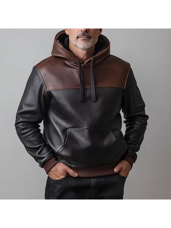 Men's PU Leather Patchwork Hoodie - Localziv.com 