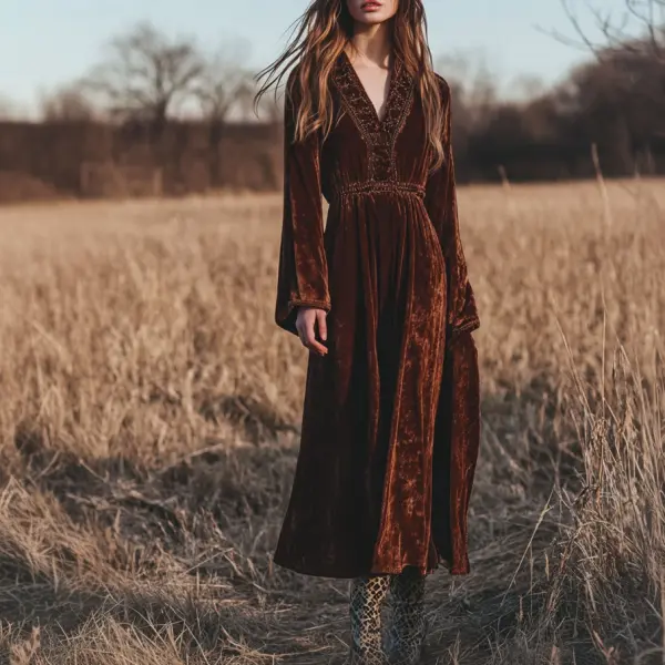 Women's Velvet Vintage Bohemian Dress - Ootdyouth.com 