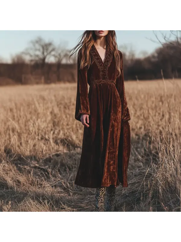 Women's Velvet Vintage Bohemian Dress - Anrider.com 