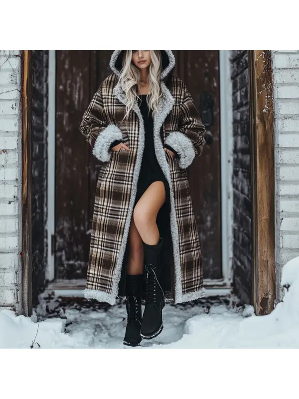 Women's Velvet Retro Plaid Autumn And Winter Hooded Fur Collar Warm Long Coat - Shopyiyistories.com 