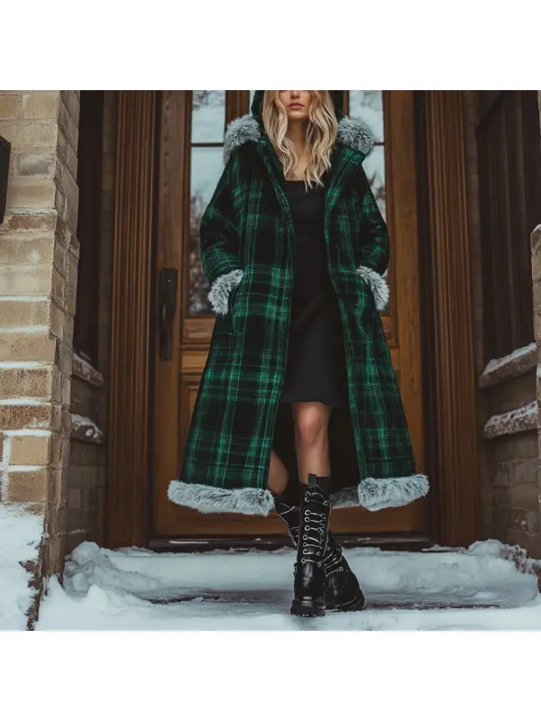 Women's Velvet Retro Plaid Autumn And Winter Hooded Fur Collar Warm Long Coat - Aptkoi.com 