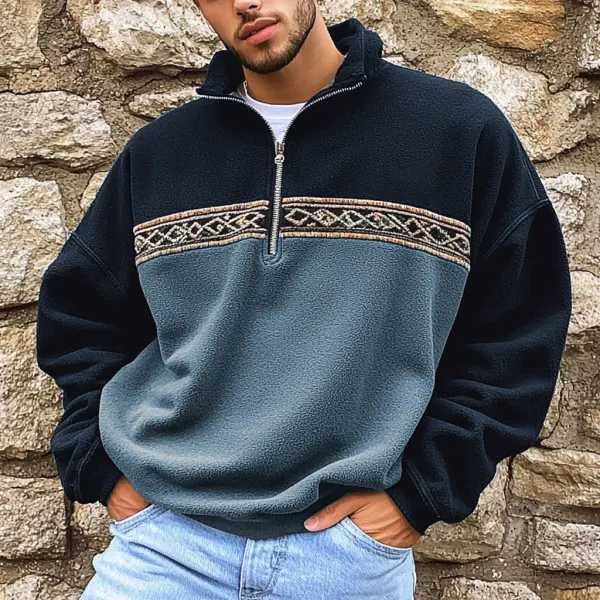 Unisex Polar Fleece Aztec Contrast Color Retro Polo Sweatshirt - Wayrates.com 